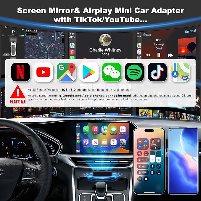 2026 Upgraded Wireless Carplay Adapter, 4 in 1 Screen Mirroring Support Mirror Link/AirPlay for Apple CarPlay & Android Auto, Mini USB/Type-C Plug & Play Car Play Adapter, Wired to Wireless No Latency