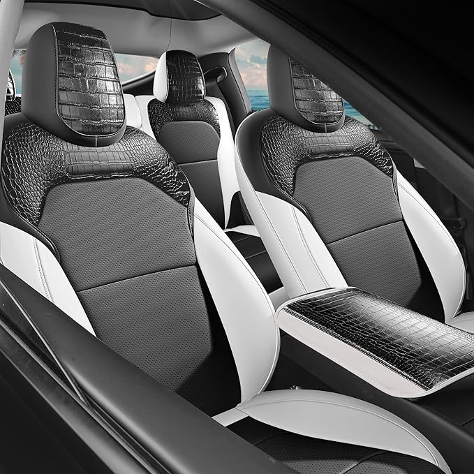 for Tesla Model Y 2025 2026 Seat Cover Full Set Black and White Nappa Leather Seat Cover (Crocodile Black+White 25-26)
