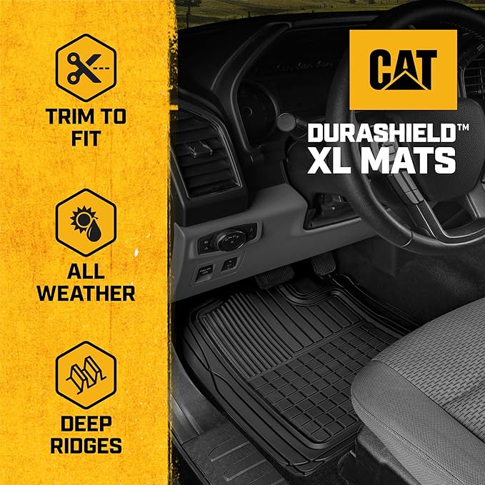 CAT® Large Heavy Duty Rubber Floor Mat & Cargo Trunk Liner for Car, SUV, Van, Sedan, Truck – Trim-to-Fit, All-Weather Deep Dish Ridges for Dirt Protection, Front and Rear Mats Black