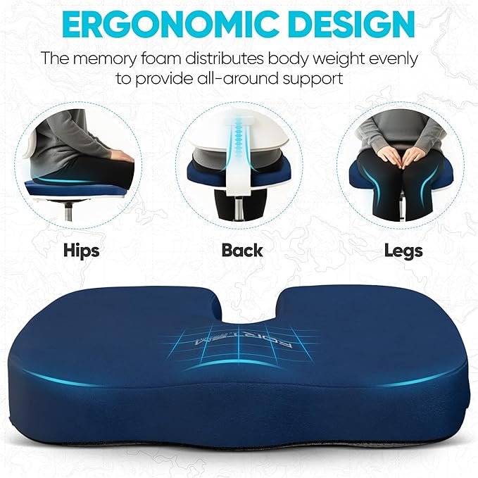 FORTEM Seat Cushion, Office Chair Cushion, Desk Chair Memory Foam, Sciatica Coccyx Tailbone Pain Relief, Pressure Relief, Sitting Pad, for Long Gaming & Sitting, Washable Cover, Non Slip, XL