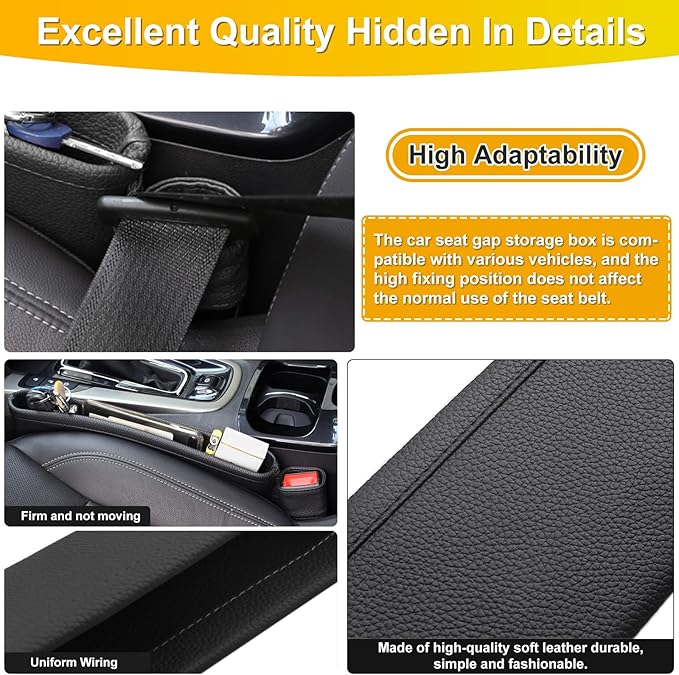 2 Pack Update Car Seat Gap Filler Organizer Leather Console Storage Box Front Side Pocket Seats Organizers Filler Interior Car Accessories for Phone Wallet Coin Key Sunglasses (Black)