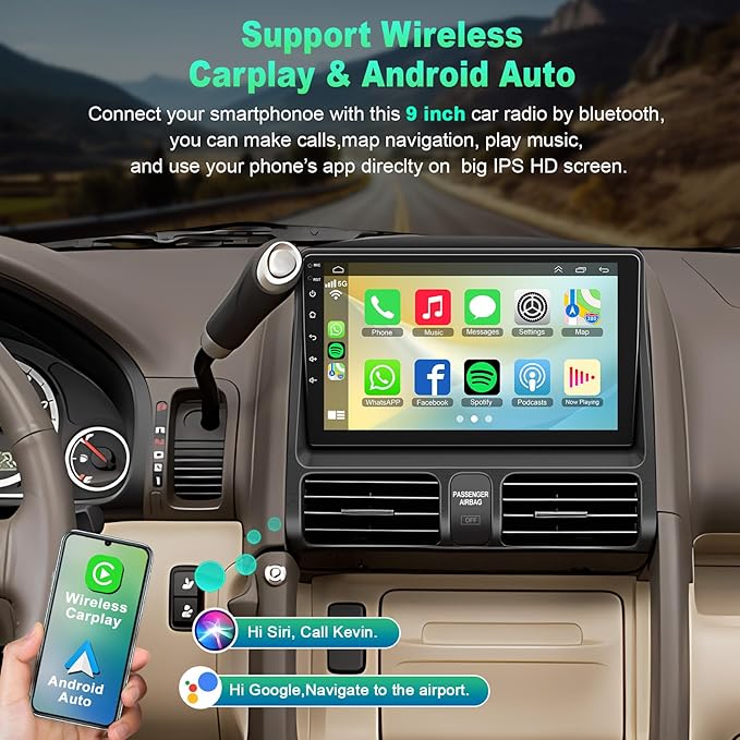 4G+64G Car Radio for Honda CRV 2002 2003 2004 2005 2006, Support Wireless Carplay&Android Auto, Bluetooth/Voice Control/GPS/WiFi/Back-up Camera/SWC/FM, 9 Inch IPS Touch Screen for Honda CRV