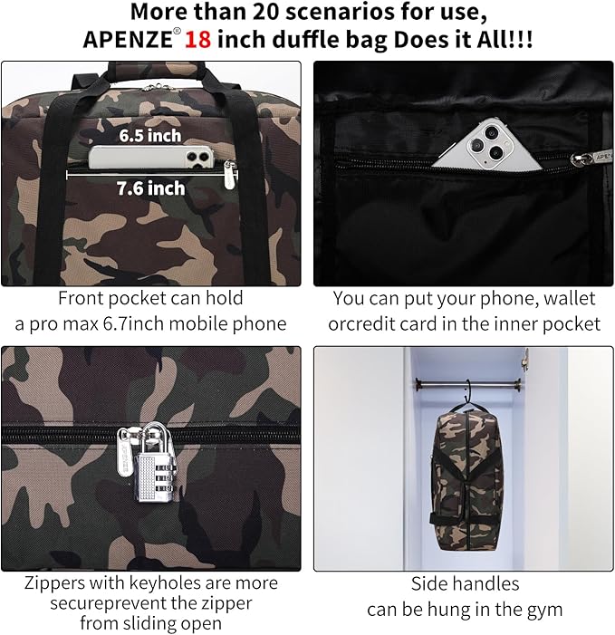 Small Gym Bag 18 inch Carry On Duffel Bag for Weekender Travel - Camouflage