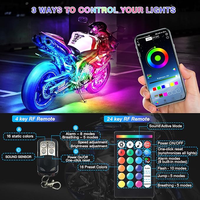 8PCS Segmented Motorcycle RGB LED Light Kits with APP/RF Remote, Multicolor Underglow Lights with Brake Turn Signal, 12V Waterproof Strip for Sport Bike, Cruiser, Street & Dirt Motorcycle