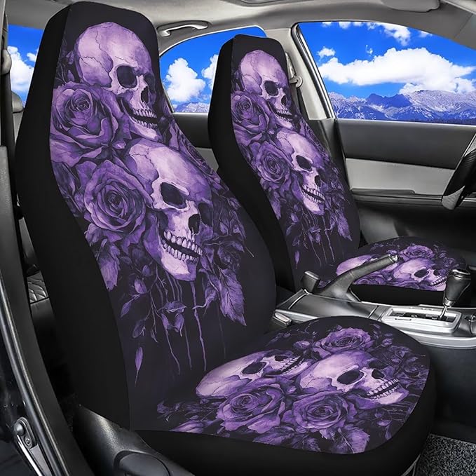 Purple Skull Rose Car Front Seat Covers Elastic Fabrics Universal Front Seat Cover Removable Automotive Accessories Easy Installation Suitable for Cars, SUV and Trucks