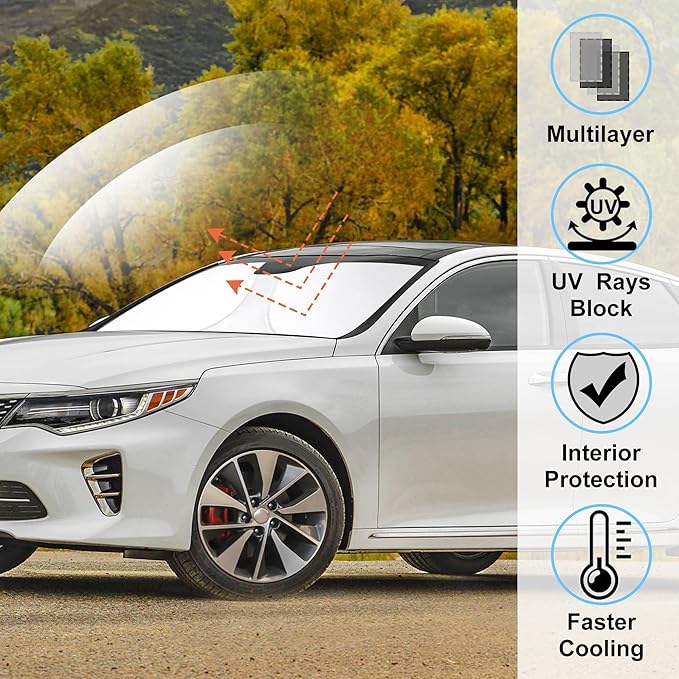 Windshield Sun Shade Custom Fit for 2016-2020 Kia Optima (Not for 2021 KIA K5) Accessories Foldable Sunshade Sun Blocker Protect Car from Sun Rays & Heat Damage Keep Car Cooler