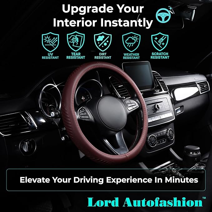 Lord Autofashion Steering Wheel Cover – PU Leather, Non-Slip Rubber Inner, All-Season Comfort – 14.5–15 Inch (Maroon 9356)