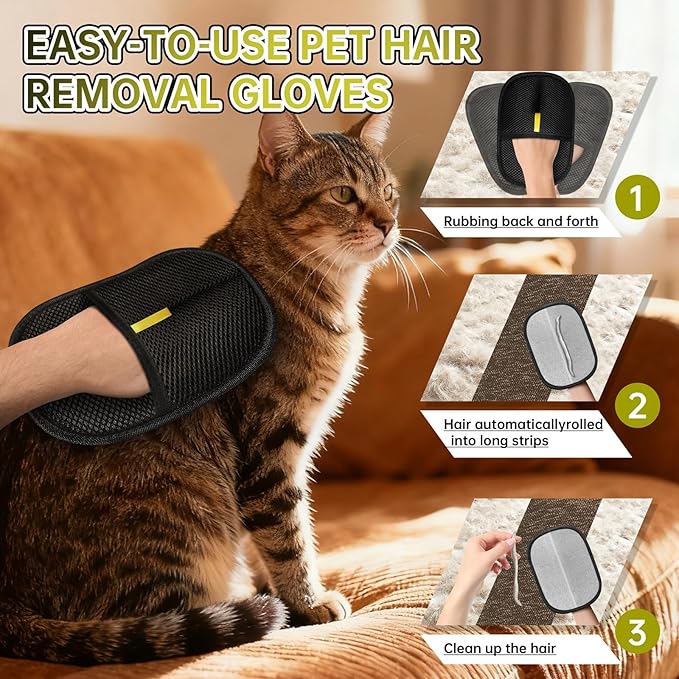 Electrostatic Pet Hair Remover Glove, Reusable Cat Dog Electrostatic Hair Remover Grooming Glove Brush Tool, Suitable for Sofas, Clothing, Carpets, Curtains (Black-2Pcs)