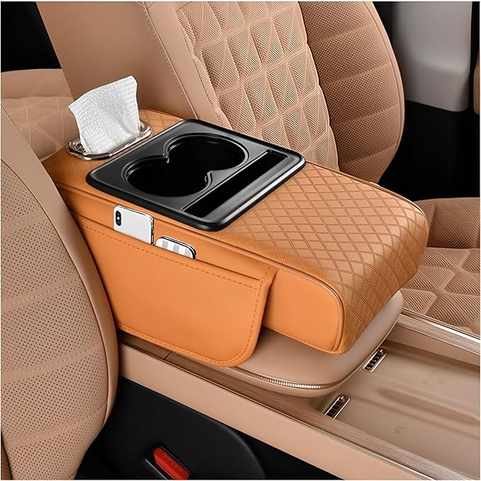 Zpana Car Center Console Armrest Pillow, Memory Foam Leather 4 in 1 Vehicle Arm Rest Cover with Tissue Box 2 Side Storage Bag Cup & Phone Holder, Auto Armrest Cushion, Universal Fit (Orange)