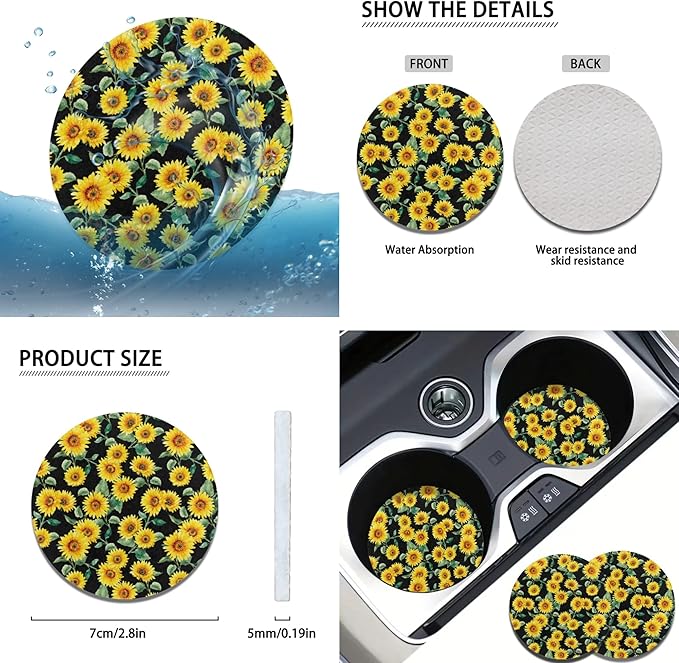 Sunflower Print Car Steering Wheel Covers Set Men Women Car Interior Accessories 6 Pcs Cup Coaster Handbrake Gear Cover Fit for SUV Truck Sedan