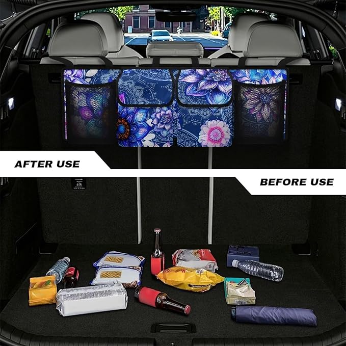 Boho Style Trunk Organizer with Lid Car Women Mandala Floral Blossom Back of Seat Car Organizer for SUVs Sedans