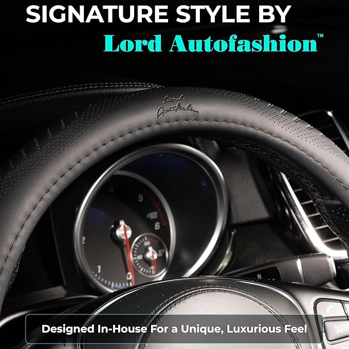 Lord Autofashion Steering Wheel Cover – PU Leather, Non-Slip Rubber Inner, All-Season Comfort – 14.5–15 Inch (Black 9356)