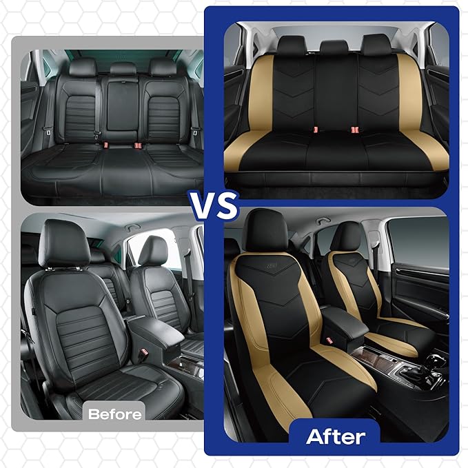 Skechers Memory Foam Seat Covers,Leather Car Seat Covers, Ultimate Comfort & Support Seat CoversFull Sets,Airbag Compatible, Automotive Universal Fit Most for SUVs, Vans, Sedans, Cars, Trucks,Beige