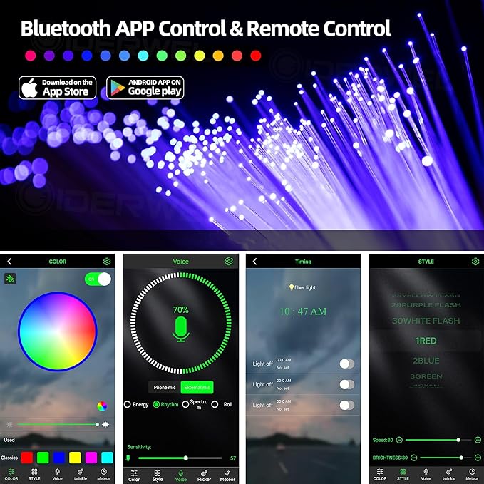 GIDERWEL Fiber Optic Light for Car/Ceiling Star Lighting,Music/APP Control Starlight Headliner Kit,Car Atmosphere Lamp with RF Remote 200pcs 0.03in 6.5ft Fiber Cable RGBW LED Light Engine