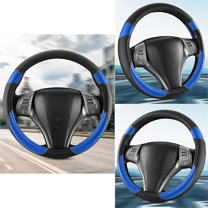 Non-Slip Car Nappa Leather Steering Wheel Cover,Universal Car Accessories Women Men Fit 14" 1/2-15" Suvs/Vans/Sedans/Cars/Trucks,Blue