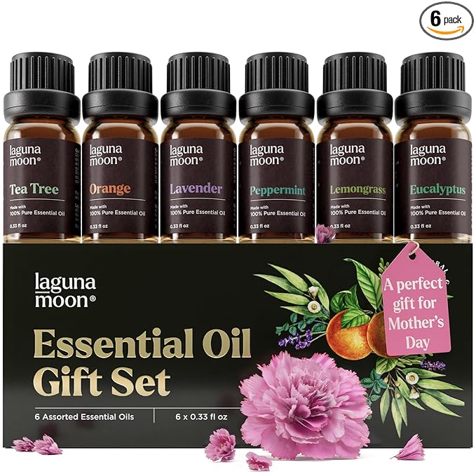 Lagunamoon Essential Oils Aromatherapy Set - 6 Oils for Diffusers, Home Care, Candle Making Scents, Fragrance, Humidifiers, Gifts - Peppermint, Tea Tree, Lavender, Eucalyptus, Orange (10mL)