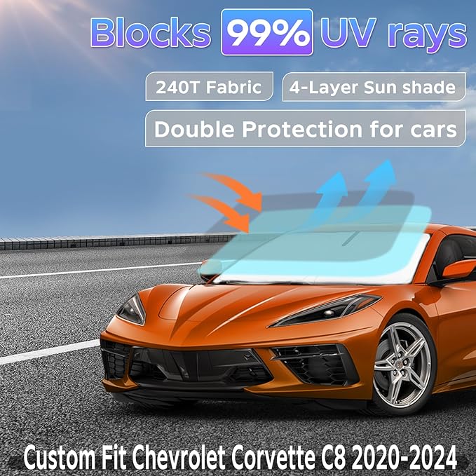 Sun Shade Sunshade for Chevrolet Chevy Corvette C8 2020-2025 2026 Windshield Cover, 4-Layers Sun Shield 250T Silver Sun Visor Foldable Window Shade Blocks UV Rays Car Accessories