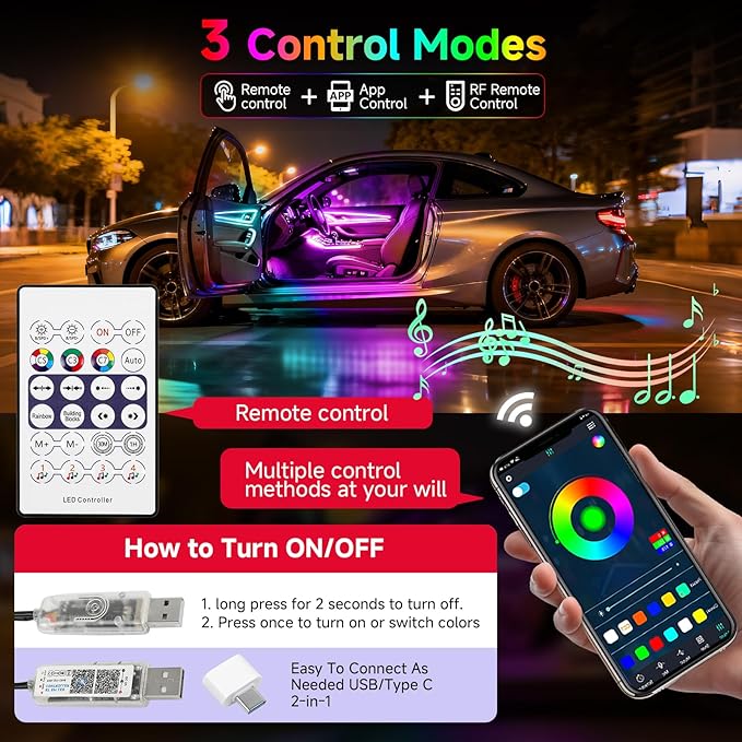 Interior Car LED Strip Lights Acrylic Fiber Optic Strip LED Lights with APP&Remote Control Dynamic Chasing Music Sync Neon Ambient Lighting Kits for Cars,SUVs,Trucks(55.12inch*2)