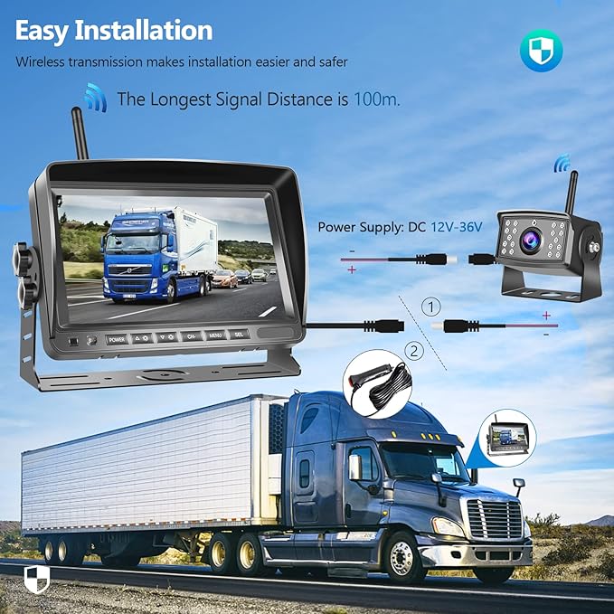 Wireless Dual Backup Camera System, Hodozzy 7" Monitor with Split Screen Plug and Play HD Rear View Camera with Loop Recording Sunshade Design Waterproof IR Night Vision 12V-36V for Car,Truck, RV