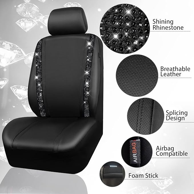 CAR PASS Bling Diamond Car Seat Covers,Shining Rhinestones Waterproof Faux Leather, 8 Seats 3 Rows with Zipper Glitter Crystal Sparkle Strips Universal Fit 95% MPV,SUV,CAR for Women Girl, Black