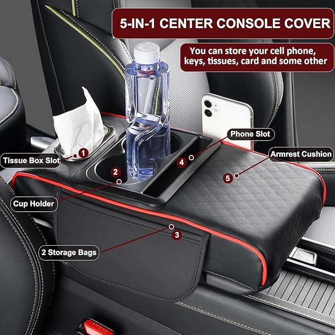 Center Console Cover,Car Armrest Cushion Multifunctional with 2 Storage Bags Cup Holder,Phone Slot,Tissue Box Slot for Most Cars Accessories Interior Organizers-Brown 13.8x7.9 in