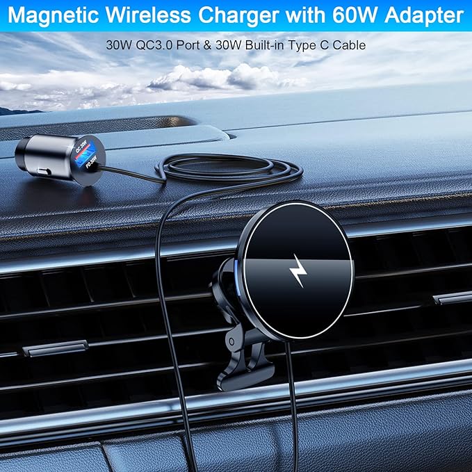Magnetic Wireless Car Charger Mount,Compatible with MagSafe Car Charger,15W Fast Charging Air Vent Car Phone Holder for iPhone 16 15 14 13 Pro Max Plus MagSafe,Car Accessories(with 60W Car Adapter)