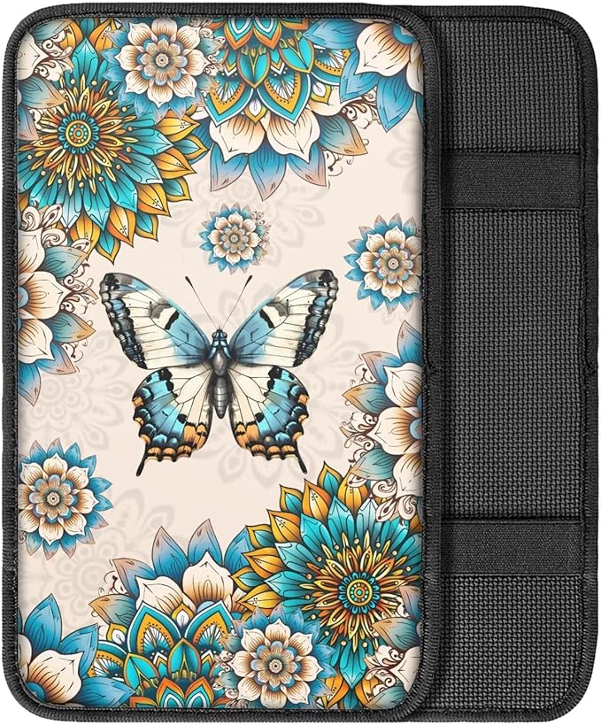 Butterfly Boho Center Console Cover for Car Soft Waterproof Armrest Cover Cushion Mandala Floral Armrest Seat Box Cover Protector for Most Vehicle SUV Truck Carssa