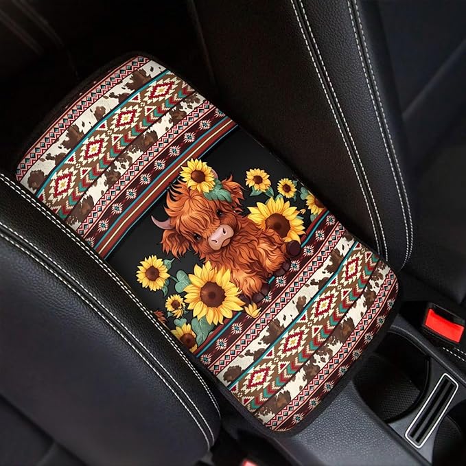 UNICEU Western Highland Cow Car Center Console Armrest Cover Pad Sunflower Armrest Cushion Universal Fit Most Vehicle,SUV,Truck,Car Seat Box Lid Cover Interior Decoration Accessories