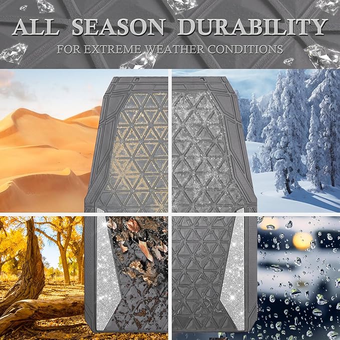 CAR PASS Bling Diamond Car Mats Gray Rubber Floor Mats Full Set Anti-Slip 3D Rhombus Waterproof Trim to Fit Liner Universal Glitter Crystal Sparkly Shining Rhinestone Girl Women SUV Sedan Van All Gray