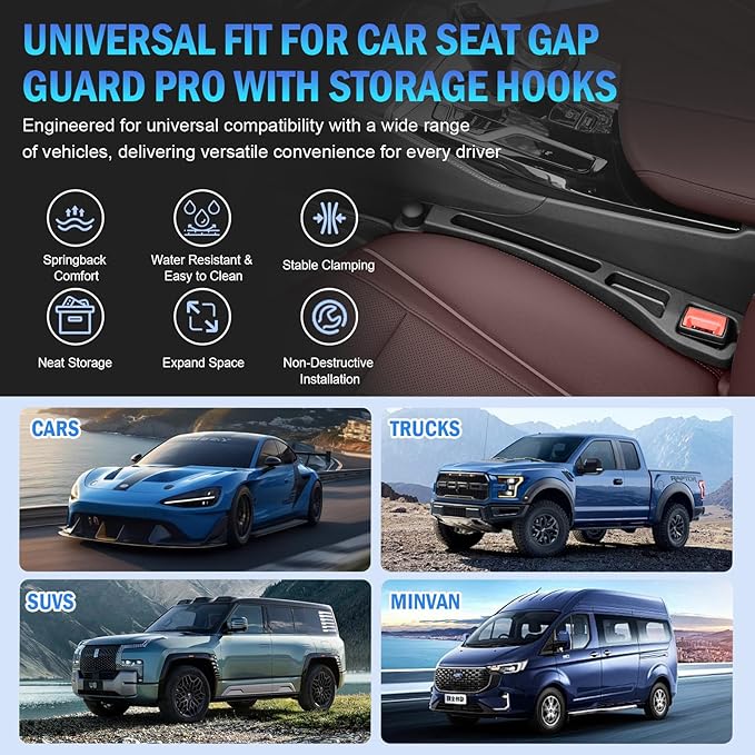 2PCS Car Seat Gap Filler Organizer 4In1 Between Seat & Console Inserts Gap Stopper Plug with Fill,Storage,Hook Function & Concealed Small Hammer,Upgraded Universal No Drop Seat Guard for Cars (Black)