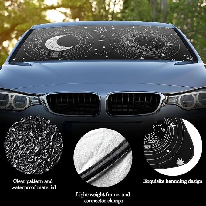 Windshield Sun Shade Foldable Car Front Window Covers for Car Accessories Sun Heat UV Rays Visor Protector Protection for Universal Cars SUV Truck (Sun Moon)