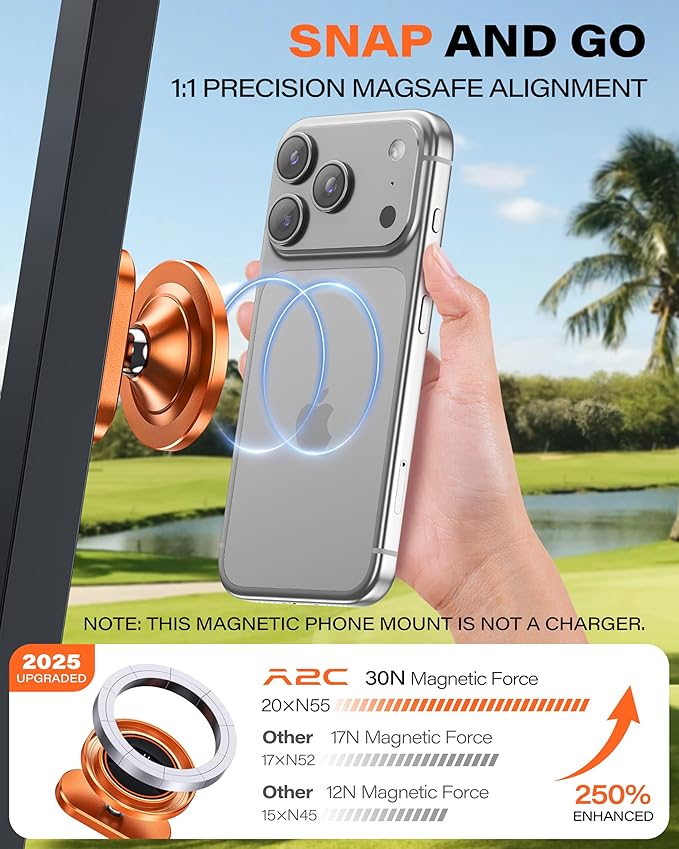 A2C Alloy Magnetic Golf Cart Phone Holder for MagSafe iPhone, Unique Golf Gifts for Men Women Golfers, Golf Gift for Him Her Husband, Golf Accessories Essentials Gadgets Fits EZGO, Club Car (Orange)