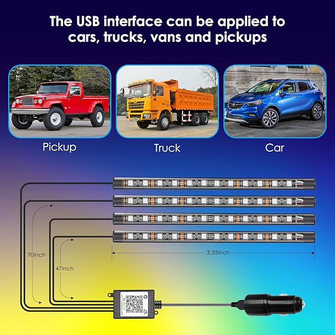 Interior LED Strip Light - 48 LED DIY 16 Million Colors, Microphone App Control, Smart Phone Music Sync RGB Under Dash Waterproof Lighting Kit with Car Charger, USB DC 12V