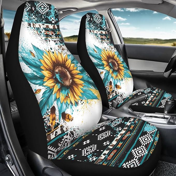 Vatenge Aztec Sunflowers Print Car Seat Cover Front Seats Only Full Set of 2, Universal Bucket High Back Car Front Seat Covers