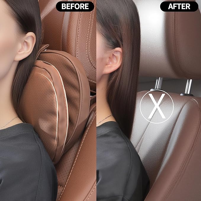 Car Headrest Pillow for Driving, Dual-Sided Leather Design Neck Pillow, Breathable Softness Neck Support, Universal Fit Head Rest Travel Pillow, Brown, 2 Pack