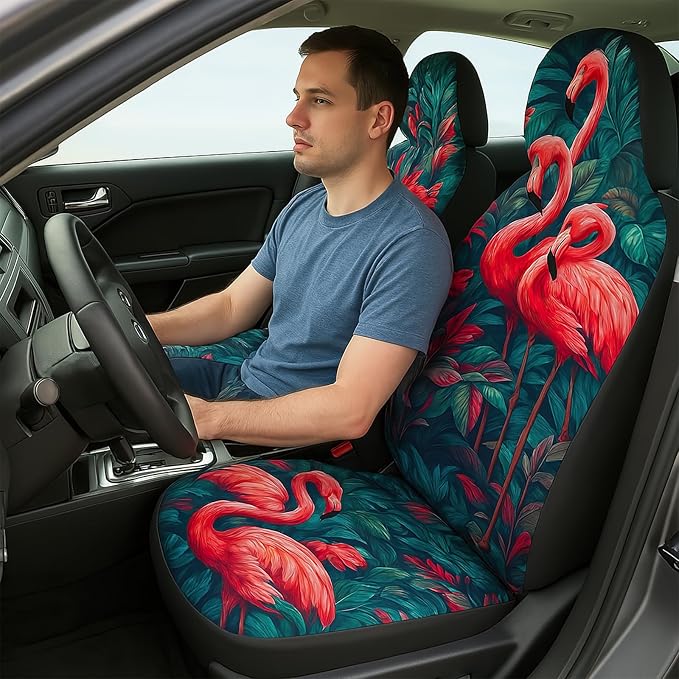 5 Pcs Premium Flamingo Car Seat Cover, Breathable & Washable Car Seat Covers Full Sets, Fashionable Printed Seat Covers for Cars Interior, Universal Fit for Most Cars, Sedan, Truck, SUV