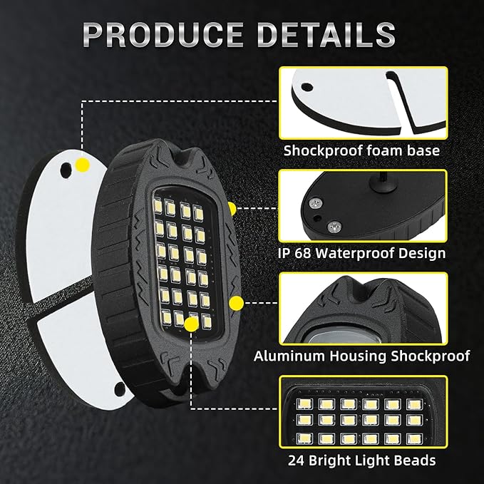 16 Pods Alloy Pure White LED Rock Lights for Semi Trucks Trailer Pickup Offroad, Plug and Play with Pre Wired Harness&Switch, 384-LEDs 6500K Aluminum Metal Underglow Kit 12V Waterproof Shockproof