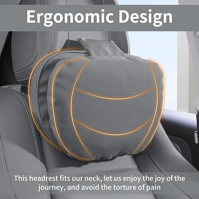 Car Headrest Pillow for Driving, Dual-Sided Leather Design Neck Pillow, Breathable Softness Neck Support, Universal Fit Head Rest Travel Pillow, Gray, 1 Pack