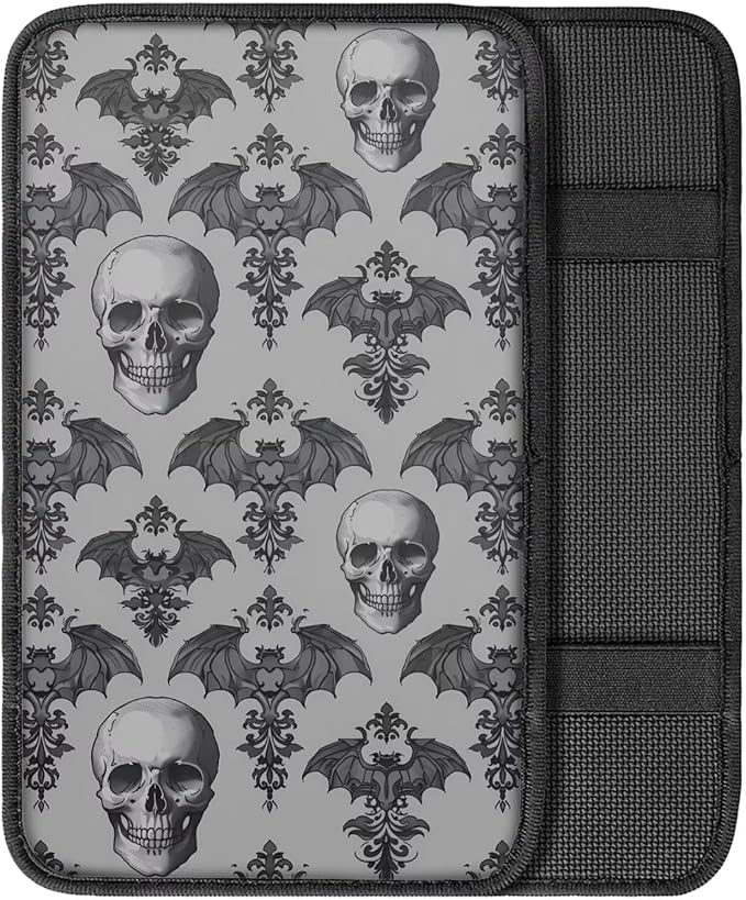 Dreaweet Gothic Car Center Console Cover Gray Bat and Skull Print Arm Rest Cover Halloween Car Accessories Interior Universal Middle Console Covers for SUV Sedan