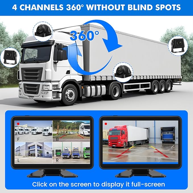 Wired Backup Camera System with 10.1" Touch Monitor, 4 HD 1080P Rear View& Side View Cameras, 4 Split Screen, Night Vision, IP68 Waterproof Back up Camera for Truck/RV/Trailer/Bus/Tractor..