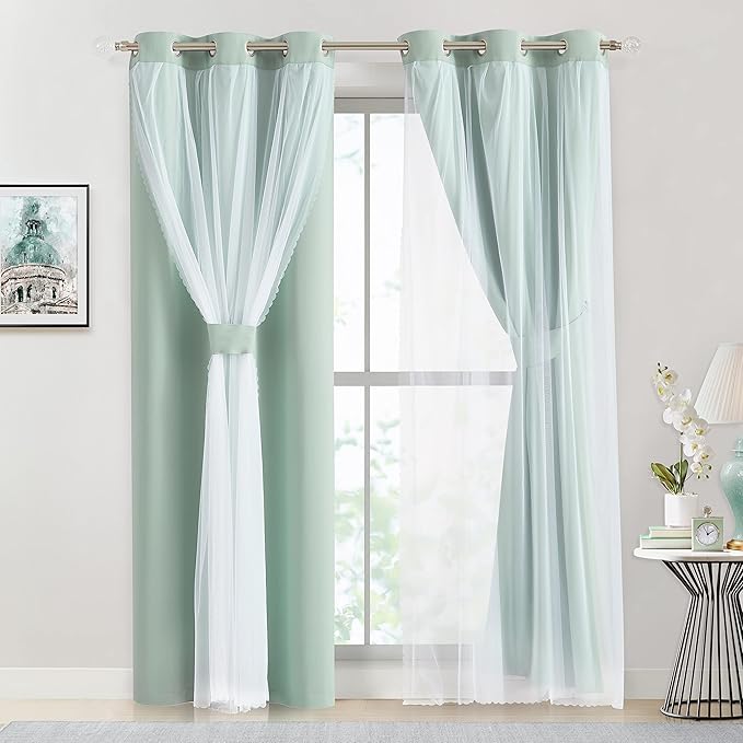 Bujasso Aqua 80% Blackout Curtains with Sheer Overlay Mix and Match Double Layer Thermal Insulated Window Panels 95 inch for Living Room Bedroom Mint Green Drapes with Tiebacks Grommet Top 37"Wx95"Lx2