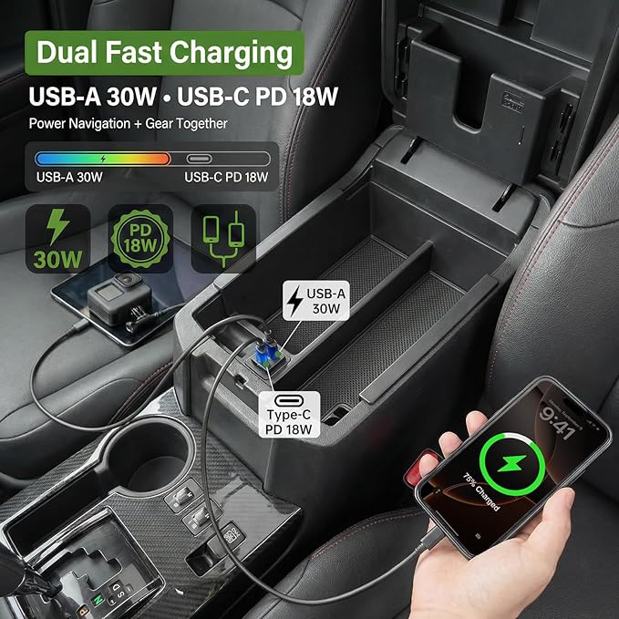 Center Console Organizer with Fast Charger for 2010-2024 Toyota 4Runner Insert Armrest Box Storage Tray W/USB Fast Charging for 10-24 4 Runner Interior Accessories