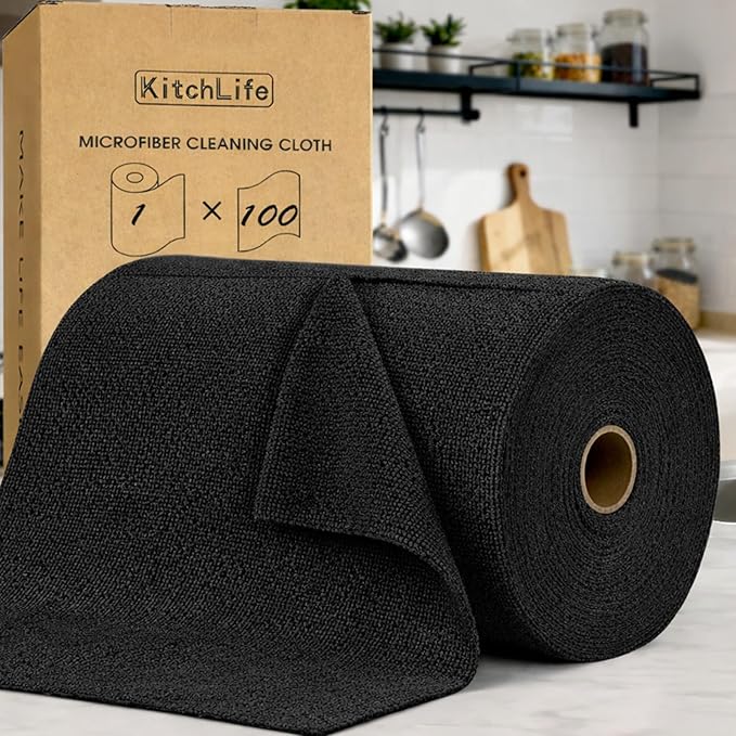 KitchLife Microfiber Cleaning Cloth Roll, 100 Pack - Tear-Away Microfiber Paper Towels, Lint-Free, Reusable, Washable for Kitchen, Car, Dishes, and Sensitive Surfaces (Black)