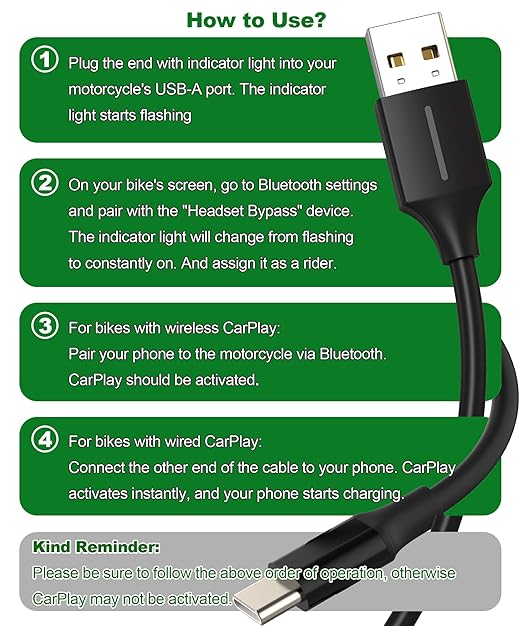 USB-A to USB-C CarPlay Bypass for Motorcycle Support Charging, CarPlay Bluetooth Headset Bypass Adapter, Enable Mirroring on Harley/Indian/Goldwing Without Headset, 1.64Ft/Black