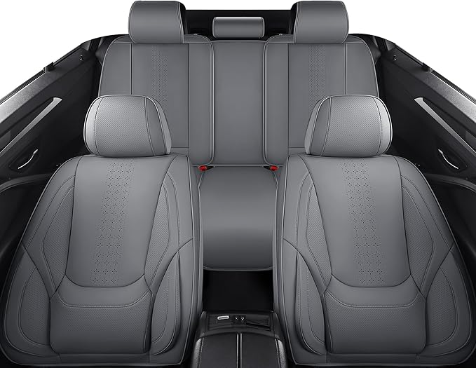 Chezope Car Seat Covers Full Set, Grey Leather Seat Covers, Breathable Front and Back Car Seat Protectors, Wear-Resistant Seat Covers Universal Fit for Most Cars SUV Truck (Grey-Solid, Full Set)