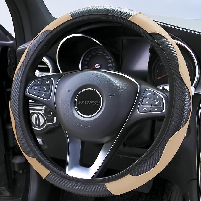 Car Steering Wheel Cover, 15 inch Microfiber Leather Carbon Fiber Soft Anti-Slip Breathable, Universal Size Elastic Car Accessory for Most Cars (Beige)