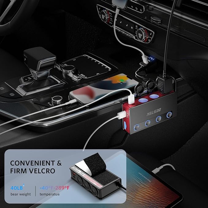 BESTEK 9 in1 Cigarette Lighter Splitter with 180W 3-Socket PD36W/65W Cigarette Lighter Adapter and QC3.0 18W Charging Ports, Car Cigarette Lighter for Dash Cam, GPS, iPad/Laptop/Phone