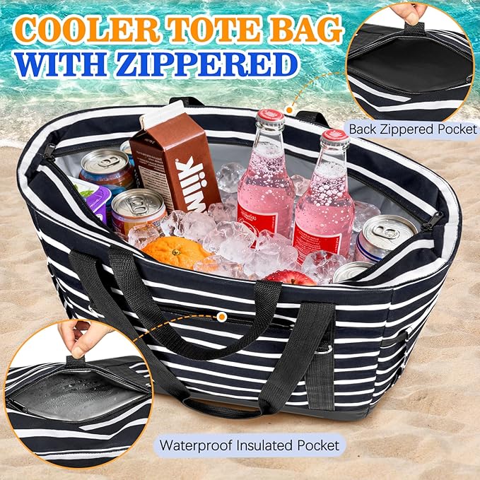HUANLANG Soft Cooler Bag Insulated for Travel,Large Insulated Grocery Bags with Zippered Top,PEVA Collapsible Food Delivery Cooler Bag for Beach, Travel, Picnics