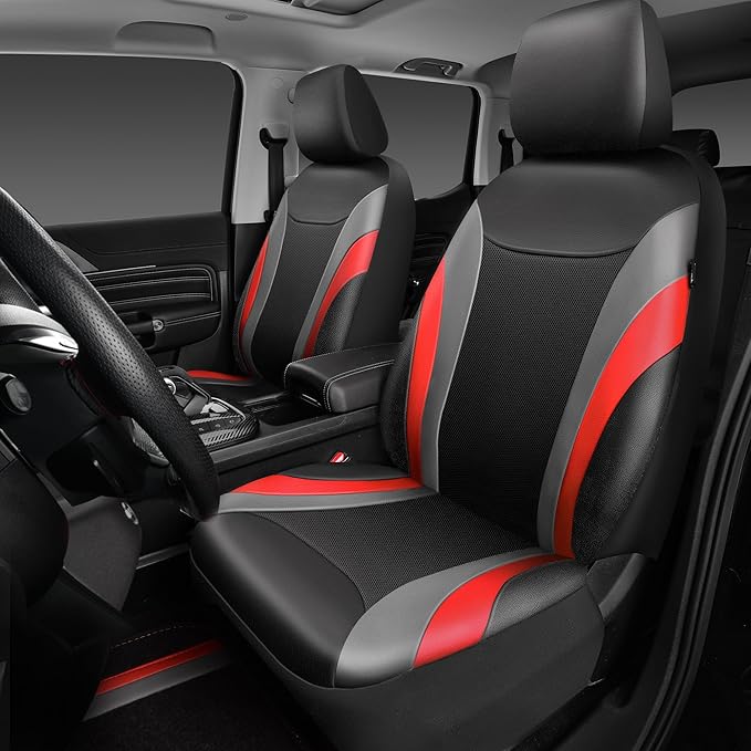 CAR PASS Leather Car Seat Covers Full Set with Waterproof Car Floor Mats,Airbag Compatible,Automotive Interior Covers for Cars Sedans,Trucks,Vans,SUV with Car Carpet Mats(Black and Red)