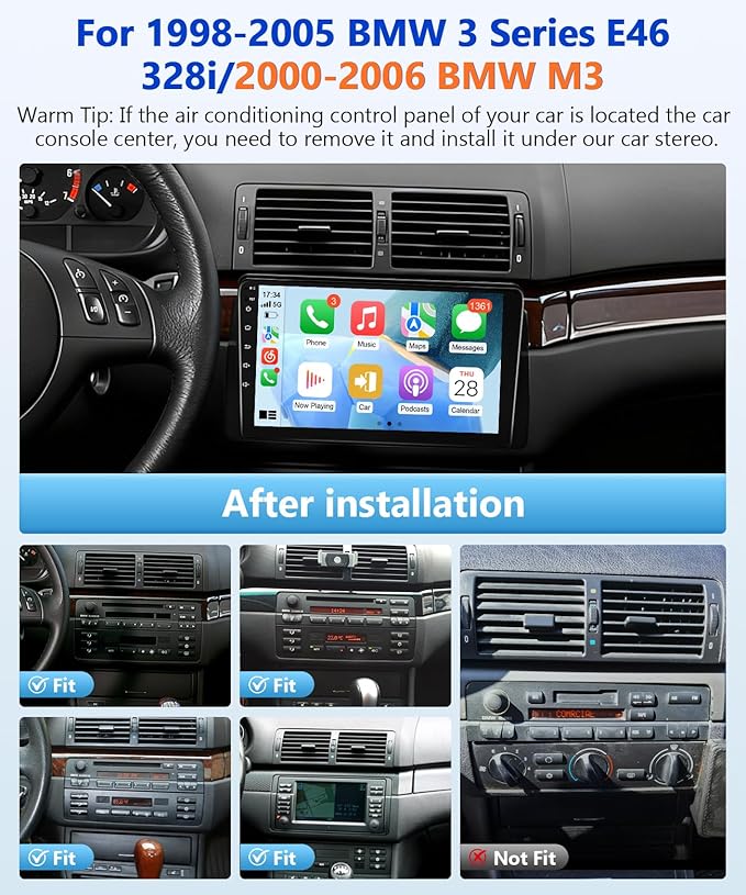 8Core Android Stereo for BMW 325i E46 328i 1998-2005 Radio for BMW M3 2000-2006 Wireless Apple CarPlay Android Auto, 4G + 64G 9IN IPS Touch Screen for 330i 5G WiFi/GPS Navi/BT/FM/RDS/DSP/EQ/SWC